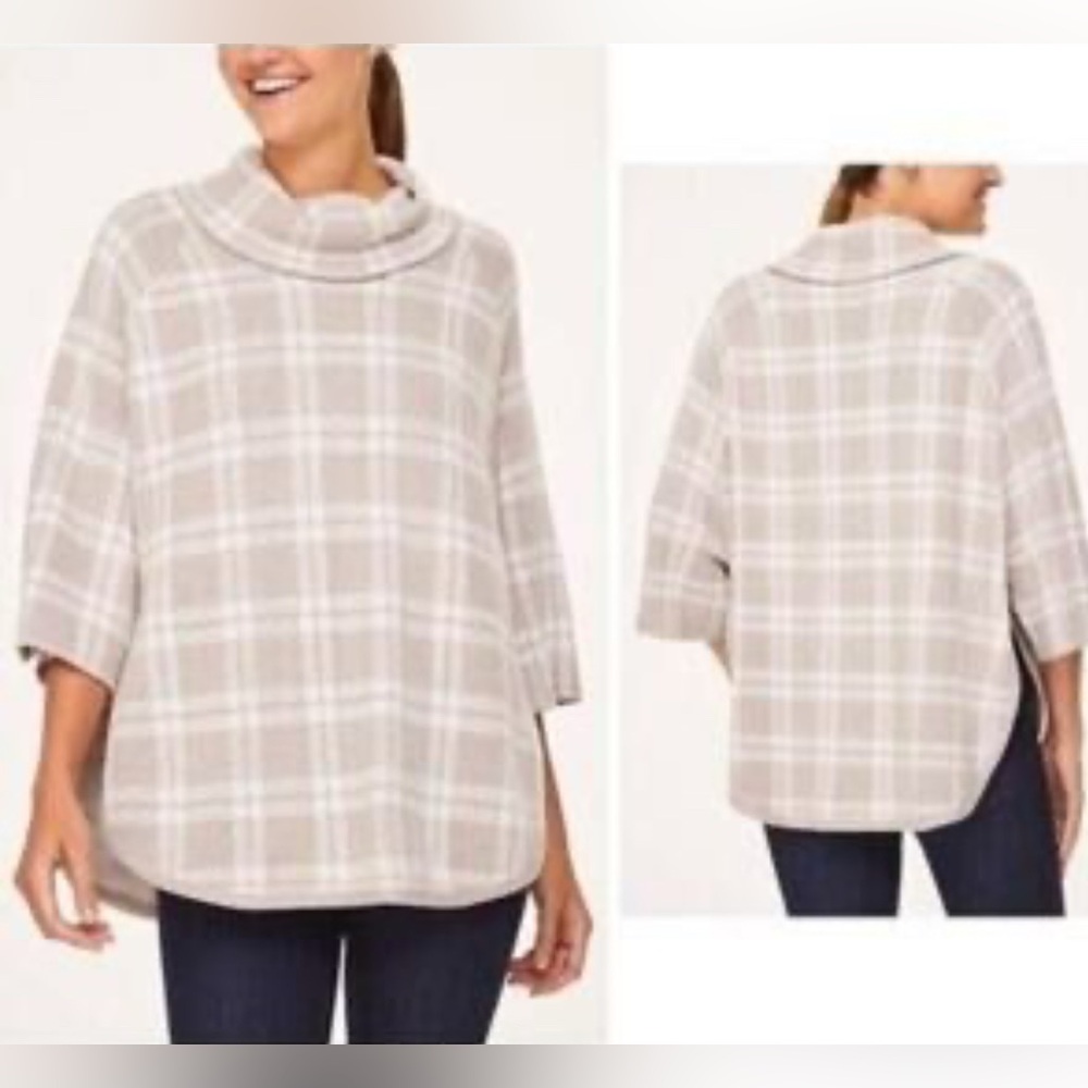 LOFT Cowl Neck Plaid Poncho Sweater Beige and White XS/S